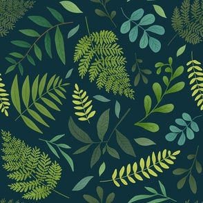(large) Forest fern leaves and small flowers on dark teal, woodland boranicals and foliage, large scale 