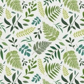 (small) Forest fern leaves and small flowers on faux linen, woodland boranicals and foliage, small scale 