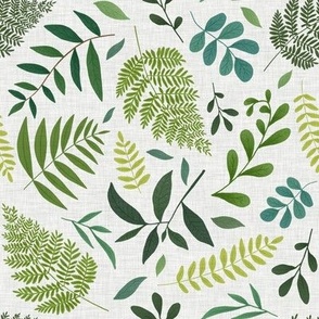 (medium) Forest fern leaves and small flowers on faux linen, woodland boranicals and foliage, mediumscale 