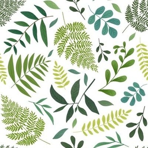 (medium) Forest fern leaves and small flowers on white, woodland boranicals and foliage, medium scale