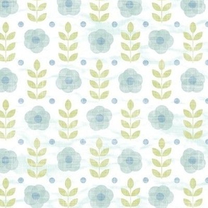 Block Printed Roses | Sea mist on white with pistachio green leaves, Scandi flowers in blue and green, gray green block print flowers, palladian blue and white Scandinavian flower pattern.