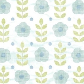 Block Printed Roses (large scale) | Sea mist on white with pistachio green leaves, Scandi flowers in blue and green, gray green block print flowers, palladian blue and white Scandinavian flower pattern.
