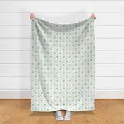 Block Printed Roses (xl scale) | Sea mist on white with pistachio green leaves, Scandi flowers in blue and green, gray green block print flowers, palladian blue and white Scandinavian flower pattern.