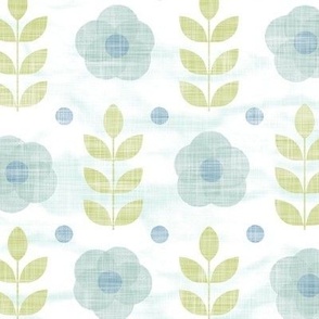 Block Printed Roses (xl scale) | Sea mist on white with pistachio green leaves, Scandi flowers in blue and green, gray green block print flowers, palladian blue and white Scandinavian flower pattern.