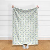Block Printed Roses (xxl scale) | Sea mist on white with pistachio green leaves, Scandi flowers in blue and green, gray green block print flowers, palladian blue and white Scandinavian flower pattern.