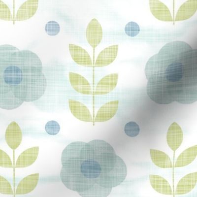 Block Printed Roses (xxl scale) | Sea mist on white with pistachio green leaves, Scandi flowers in blue and green, gray green block print flowers, palladian blue and white Scandinavian flower pattern.