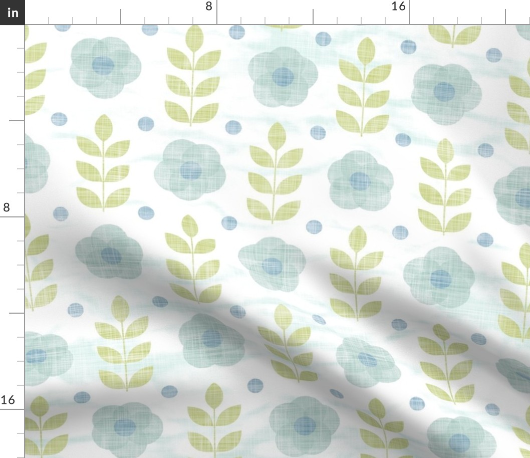 Block Printed Roses (xxl scale) | Sea mist on white with pistachio green leaves, Scandi flowers in blue and green, gray green block print flowers, palladian blue and white Scandinavian flower pattern.