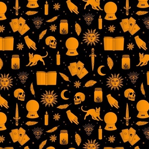 Small Bright Dayglo Orange Halloween Motifs Skulls, Spells & Cats on Spooky Black 