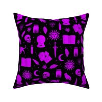 Small Bright Dayglo Purple Halloween Motifs Skulls, Spells & Cats on Spooky Black 