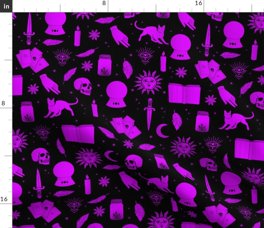 Small Bright Dayglo Purple Halloween Motifs Skulls, Spells & Cats on Spooky Black 