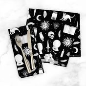 Small Bright White Halloween Motifs Skulls, Spells & Cats on Spooky Black 