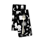 Small Bright White Halloween Motifs Skulls, Spells & Cats on Spooky Black 