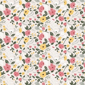 Victoria Floral - Tossed Pink and Yellow Roses on Blush Background