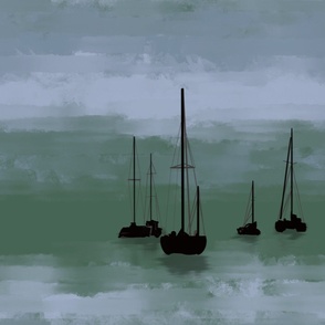 Sailboats Sunset Green Fog