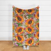 Sunflower on a bed of meadow flower in smudge soft green purple greys- Large scale