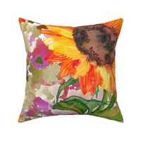 Sunflower on a bed of meadow flower in smudge soft green purple greys- Large scale