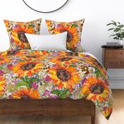 Sunflower on a bed of meadow flower in smudge soft green purple greys- Large scale