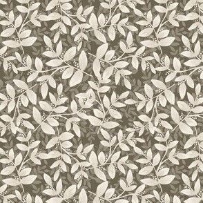 Daphne Hand Painted Small Scale Leaf Pattern Layered Print in Beige on Dark Brown