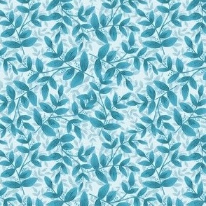 Daphne Hand Painted Small Scale Leaf Pattern Layered Print in Turquoise and Aqua