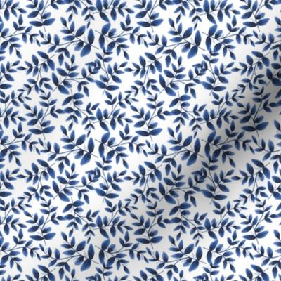 Daphne Hand Painted Small Scale Leaf Pattern Single Print in Dark Blue