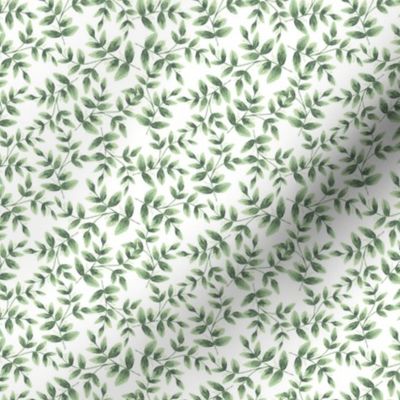 Daphne Hand Painted Small Scale Leaf Pattern Single Print in Green on White