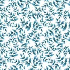 Daphne Hand Painted Small Scale Leaf Pattern Single Print in Turquoise and Teal on White