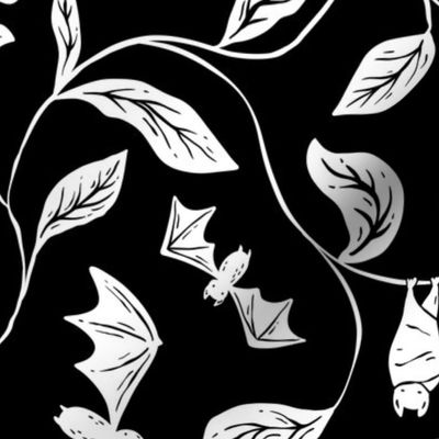 Bat Forest - cute bats among leaves - black and white - medium