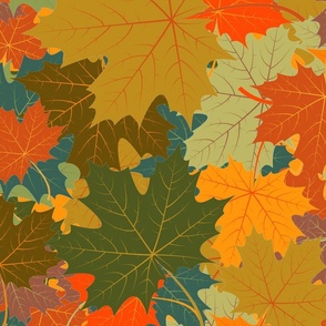 Jumbo Autumn Leaves Scattered in Gold, Red, Brown and Green