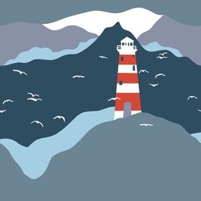 Light House and Seagulls - Nautical blue seaside 