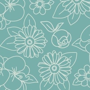 Hand Drawn Flowers White on Teal
