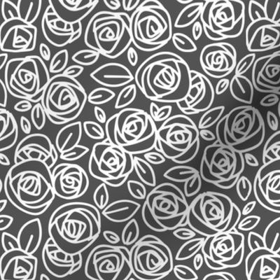 Doodle Roses White on Dark Gray