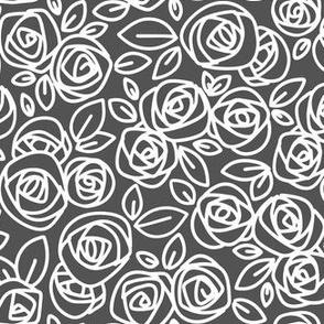 Doodle Roses White on Dark Gray