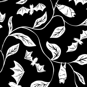 Bat Forest - cute bats among leaves - black and white - large