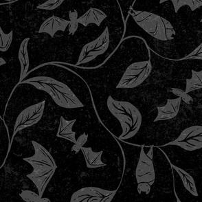 Bat Forest - cute bats among leaves - textured dark grey and black - large