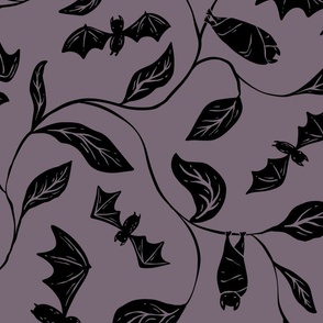 Bat Forest - cute bats among leaves - purple and black - large