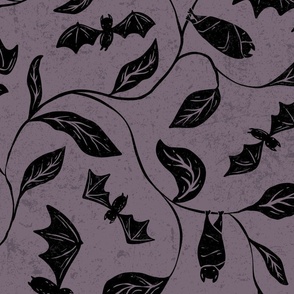 Bat Forest - cute bats among leaves - textured purple and black - large