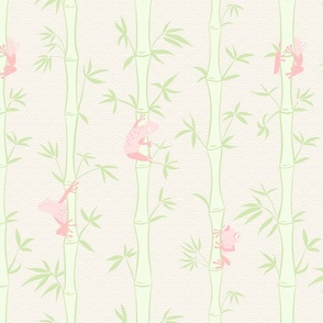 Japandi Bamboo Forest with Frogs, soft light green and sandy beige with light pink accents