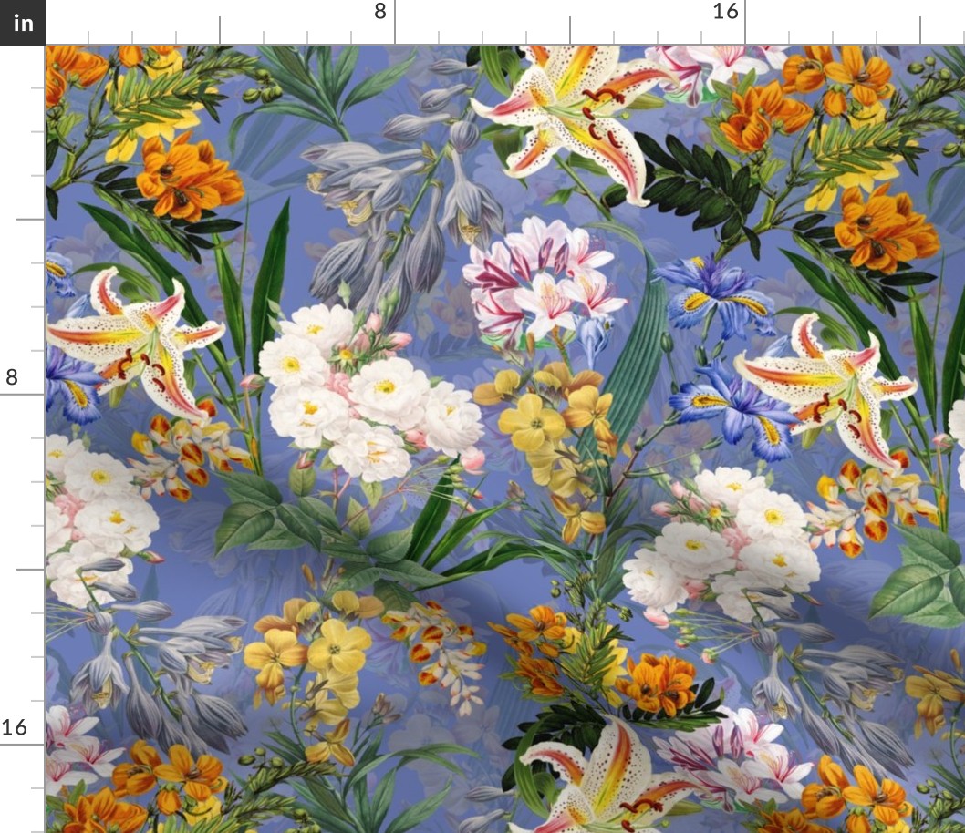 14" Nostalgic Springflowers Garden Vintage Bouquets, Antique Flowers Fabric, Vintage Flower for upholstery and home decor, dove lilac double layer