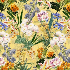 14" Nostalgic Springflowers Garden Vintage Bouquets, Antique Flowers Fabric, Vintage Flower for upholstery and home decor, sunny yellow double layer