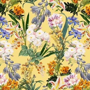 14" Nostalgic Springflowers Garden Vintage Bouquets, Antique Flowers Fabric, Vintage Flower for upholstery and home decor, sunny yellow