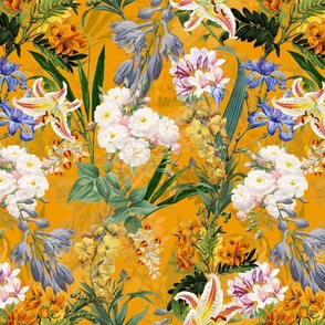 14" Nostalgic Springflowers Garden Vintage Bouquets, Antique Flowers Fabric, Vintage Flower for upholstery and home decor, sunny orange  double layer