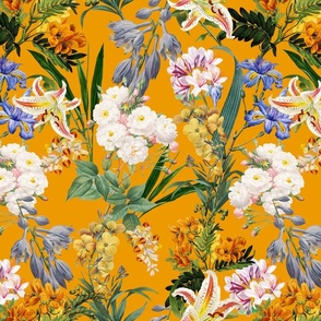 14" Nostalgic Springflowers Garden Vintage Bouquets, Antique Flowers Fabric, Vintage Flower for upholstery and home decor, sunny orange 