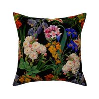 14" Nostalgic Springflowers Garden Vintage Bouquets, Antique Flowers Fabric, Vintage Flower for upholstery and home decor, colorful night black 