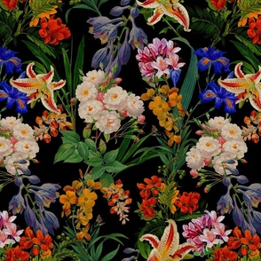 14" Nostalgic Springflowers Garden Vintage Bouquets, Antique Flowers Fabric, Vintage Flower for upholstery and home decor, colorful night black 