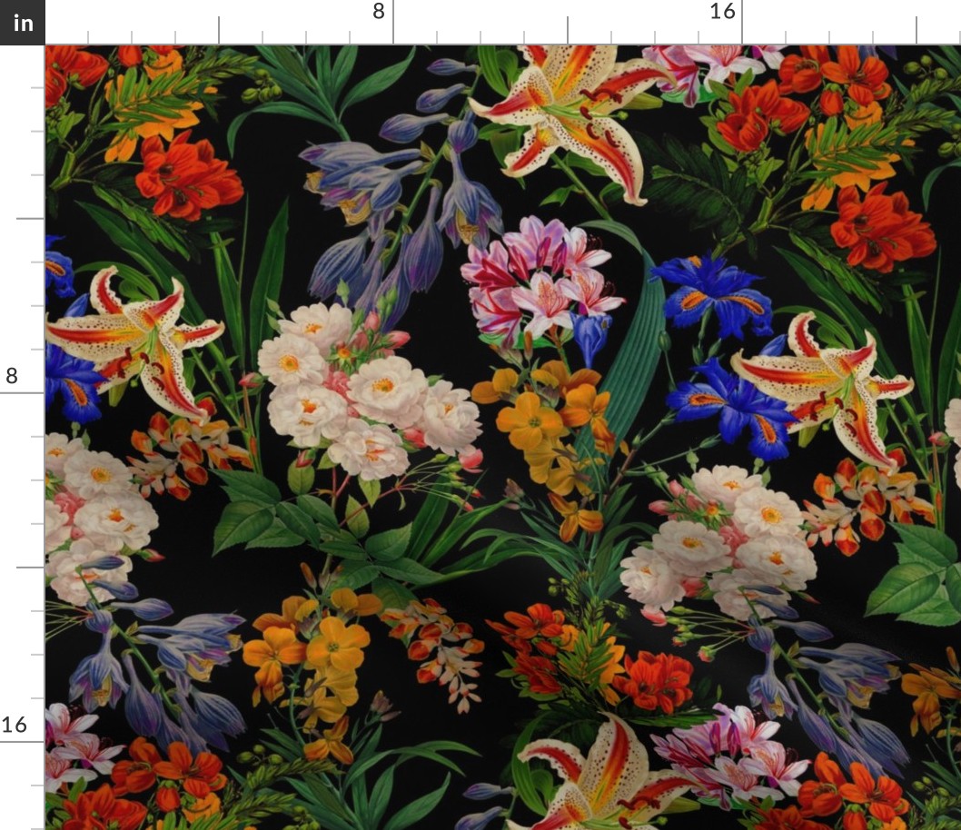 14" Nostalgic Springflowers Garden Vintage Bouquets, Antique Flowers Fabric, Vintage Flower for upholstery and home decor, colorful night black 