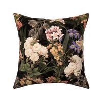 14" Nostalgic Springflowers Garden Vintage Bouquets, Antique Flowers Fabric, Vintage Flower for upholstery and home decor, sepia night black double layer