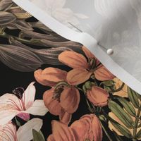 14" Nostalgic Springflowers Garden Vintage Bouquets, Antique Flowers Fabric, Vintage Flower for upholstery and home decor, sepia night black