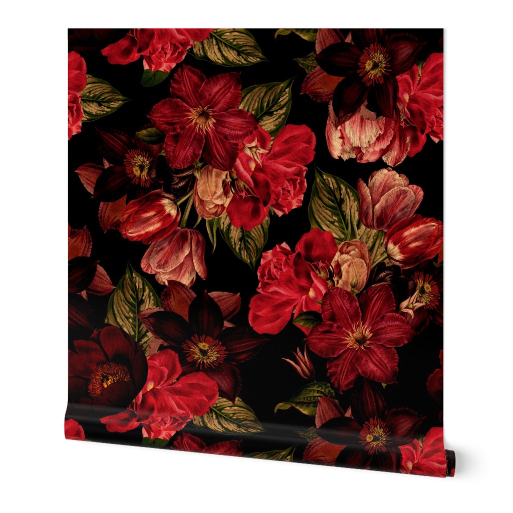 14" Nostalgic Vintage Roses,English Rose, 30s Rose And Clematis fabric, Antique hand painted Roses night black and red 