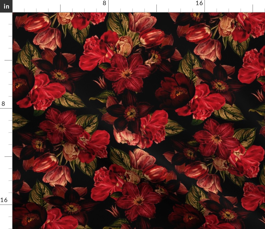 14" Nostalgic Vintage Roses,English Rose, 30s Rose And Clematis fabric, Antique hand painted Roses night black and red 