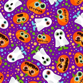 Large Scale Silly Halloween Ghosts Jackolantern Pumpkins and Polkadots on Purple